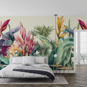 Tropische Tapete | Exotische Paradiesvögel und Palmenblätter