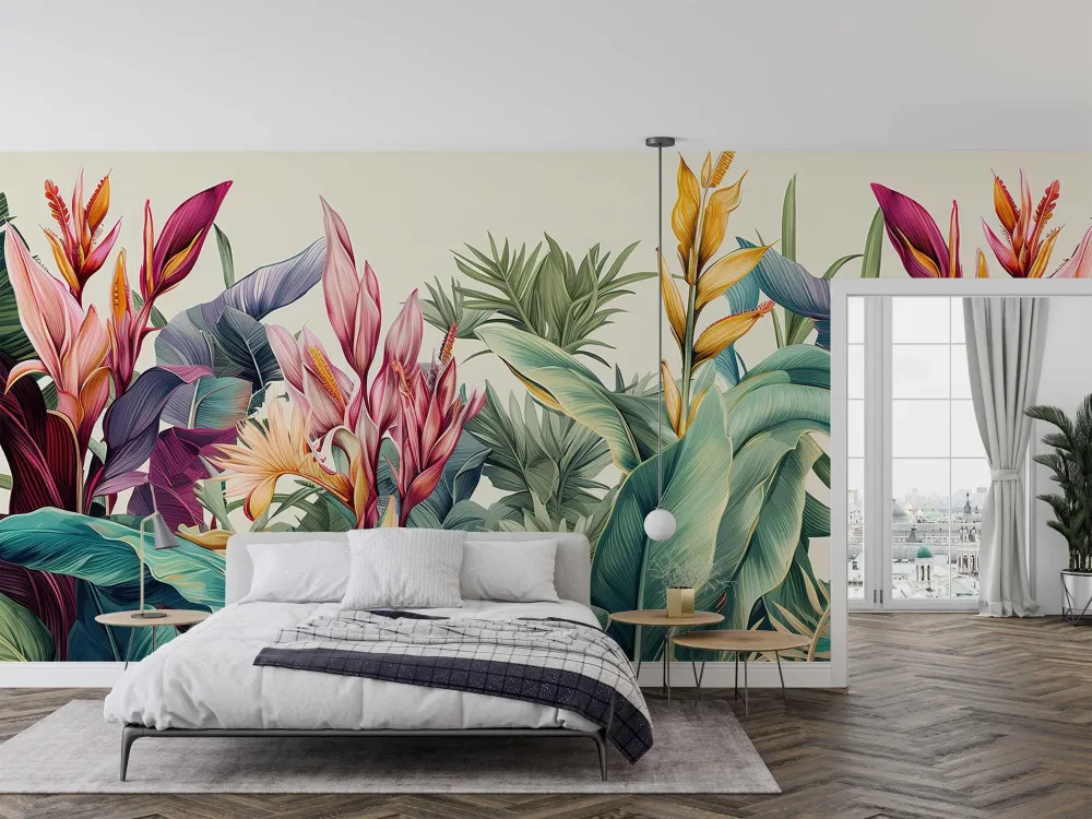 Tropische Tapete | Exotische Paradiesvögel und Palmenblätter