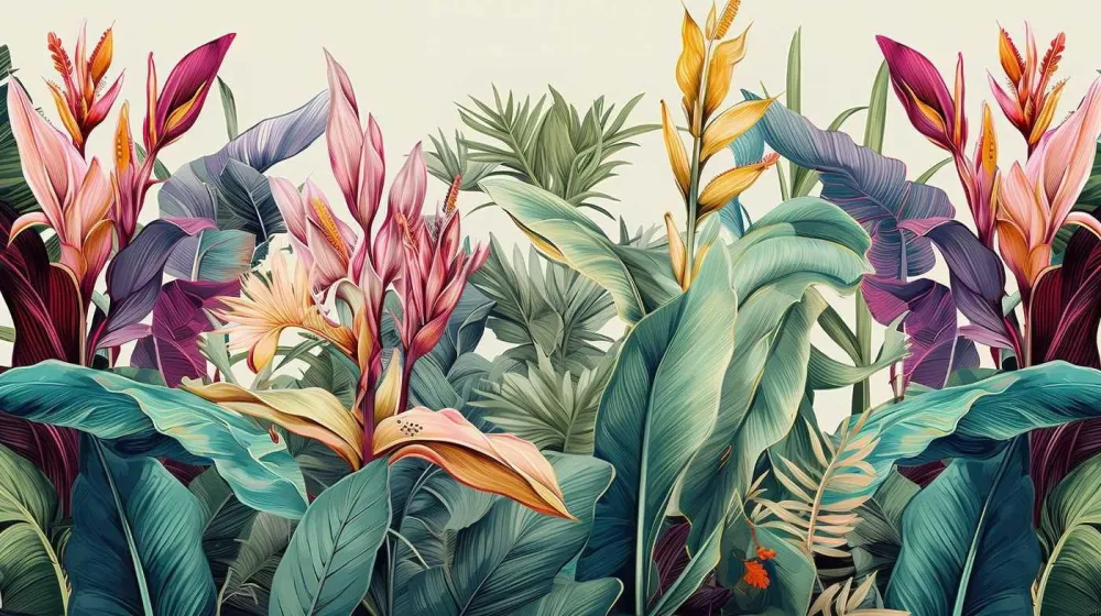 Tropische Tapete | Exotische Paradiesvögel und Palmenblätter