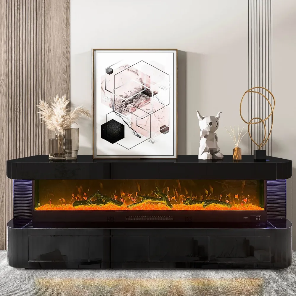 TV-Schrank Luxus Sideboard FLAMORA Kamin Funktion LED 180cm Schwarz