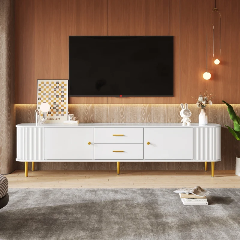 TV-Schrank mit Schubladen, geschwungenen Ecken, Wohnzimmer-TV-Schrank mit gewellten Seiten, goldenen Griffen und Beinen