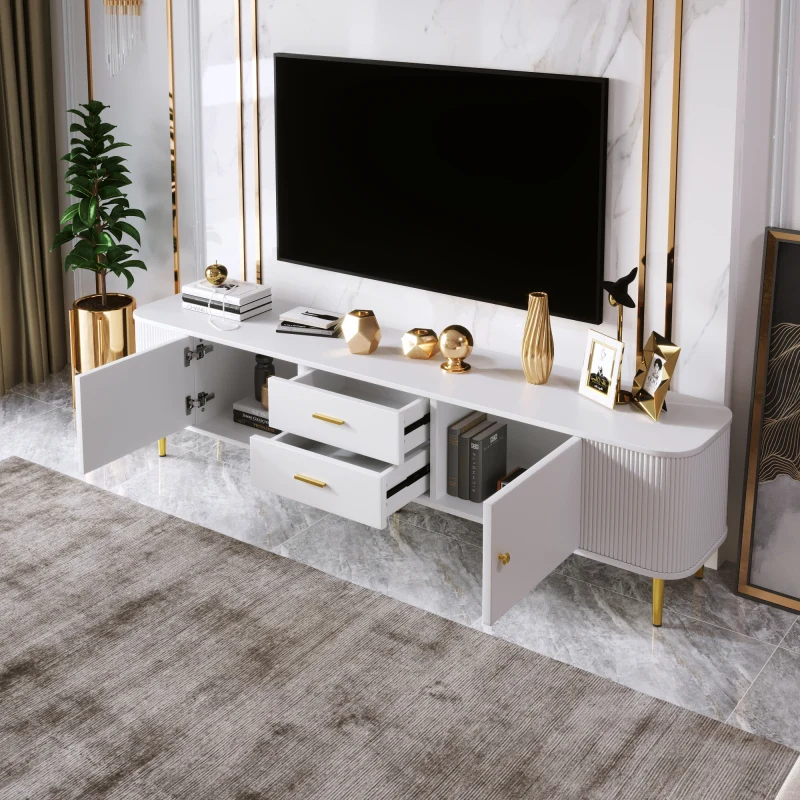 TV-Schrank mit Schubladen, geschwungenen Ecken, Wohnzimmer-TV-Schrank mit gewellten Seiten, goldenen Griffen und Beinen