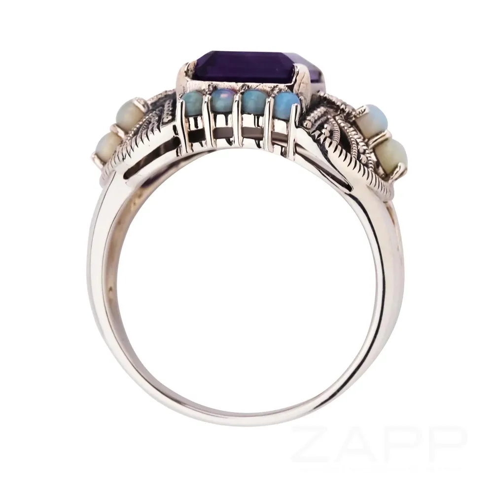 Verzierter Silberring mit Amethyst und Opal