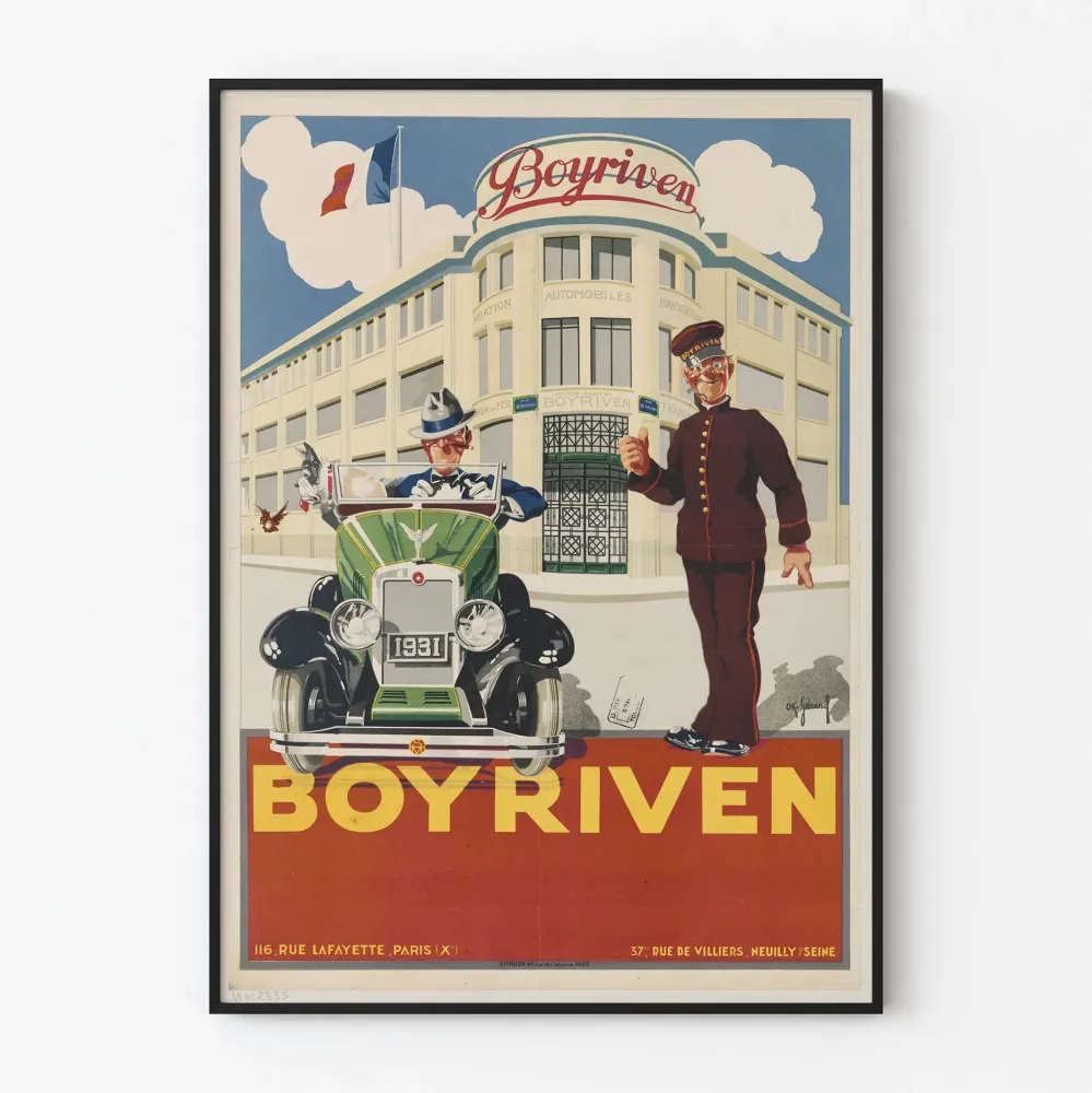 Vintage-Werbeplakat Boyriven 1931 Auto und Gebäude Art déco