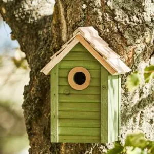 Vogelhaus, grün, naturfarbigem Dach, Holz