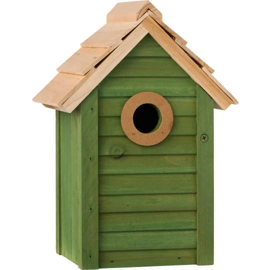 Vogelhaus, grün, naturfarbigem Dach, Holz