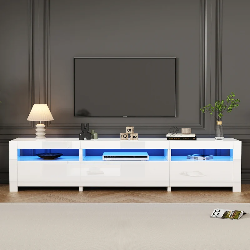 Weißer Hochglanz-TV-Schrank mit LED-Beleuchtung und Stauraum, weißes niedriges Paneel, bietet Platz für 80-Zoll-Fernseher,...