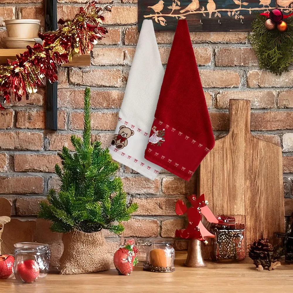 Weihnachtliches Geschirrtuch-Set, 2-teilig, bestickte Weihnachtsgeschirrtücher aus Baumwollfrottee, Artikelnummer 7152