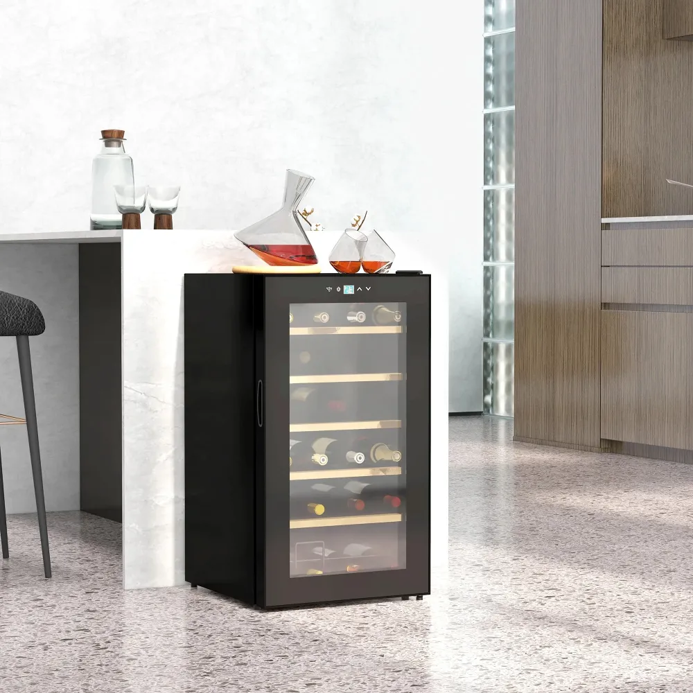 Weinkühlschrank für 24 Flaschen, einstellbare Temperatur 5 bis 20° C, LED-Beleuchtung, schwarz, 43x45x75cm