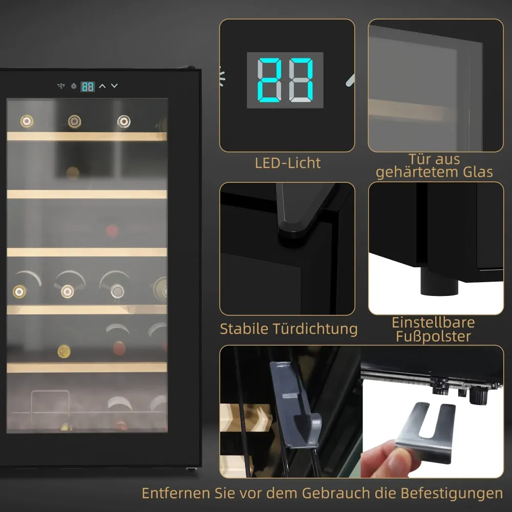 Weinkühlschrank für 24 Flaschen, einstellbare Temperatur 5 bis 20° C, LED-Beleuchtung, schwarz, 43x45x75cm