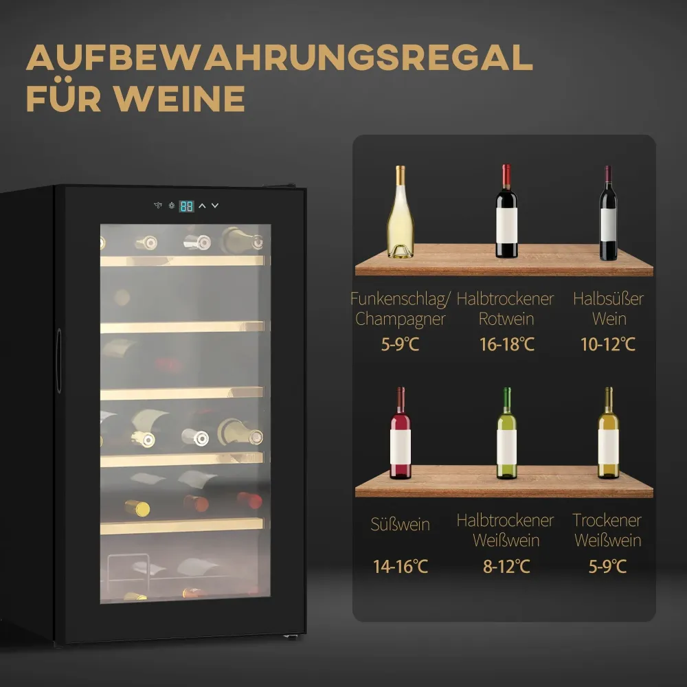 Weinkühlschrank für 24 Flaschen, einstellbare Temperatur 5 bis 20° C, LED-Beleuchtung, schwarz, 43x45x75cm