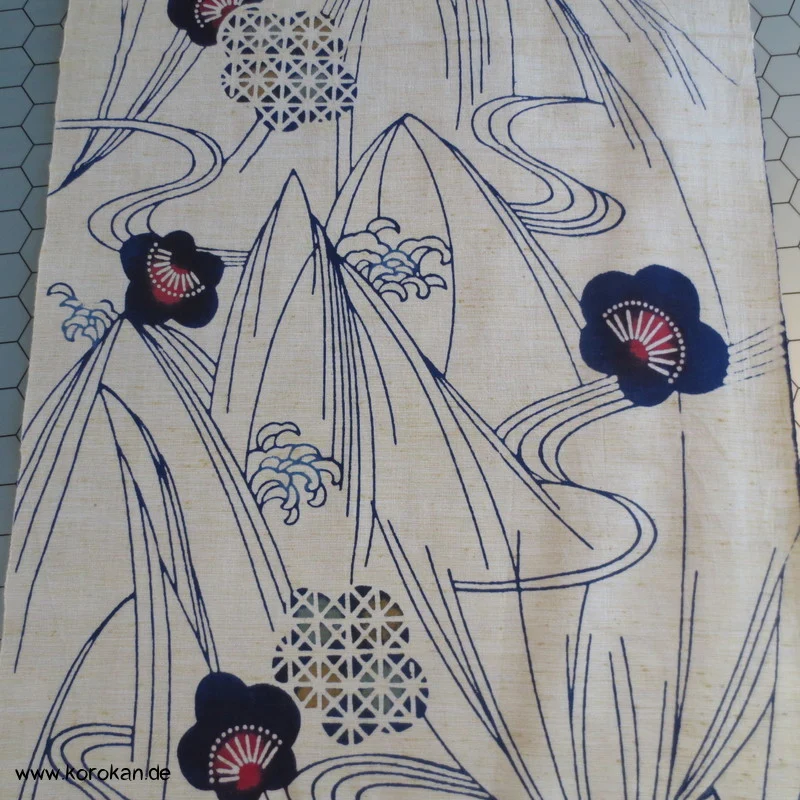 Wellen Blüten indigo, rot Yukata Stoff - antik