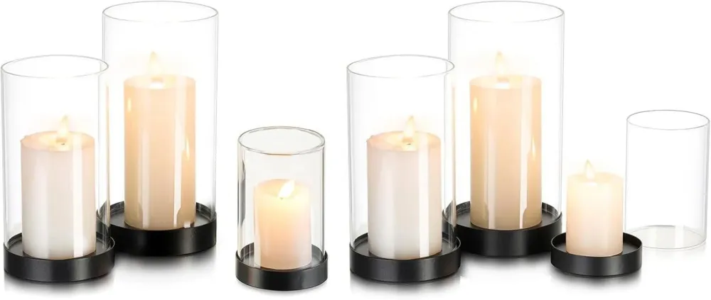 Windlicht Set 6er Schwarz Glas Kerzenhalter Stumpenkerzen