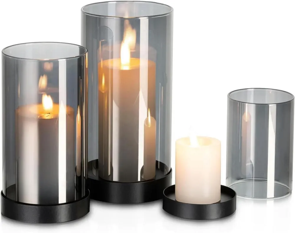 Windlicht Set Glas Schwarz Kerzenhalter Modern Draußen