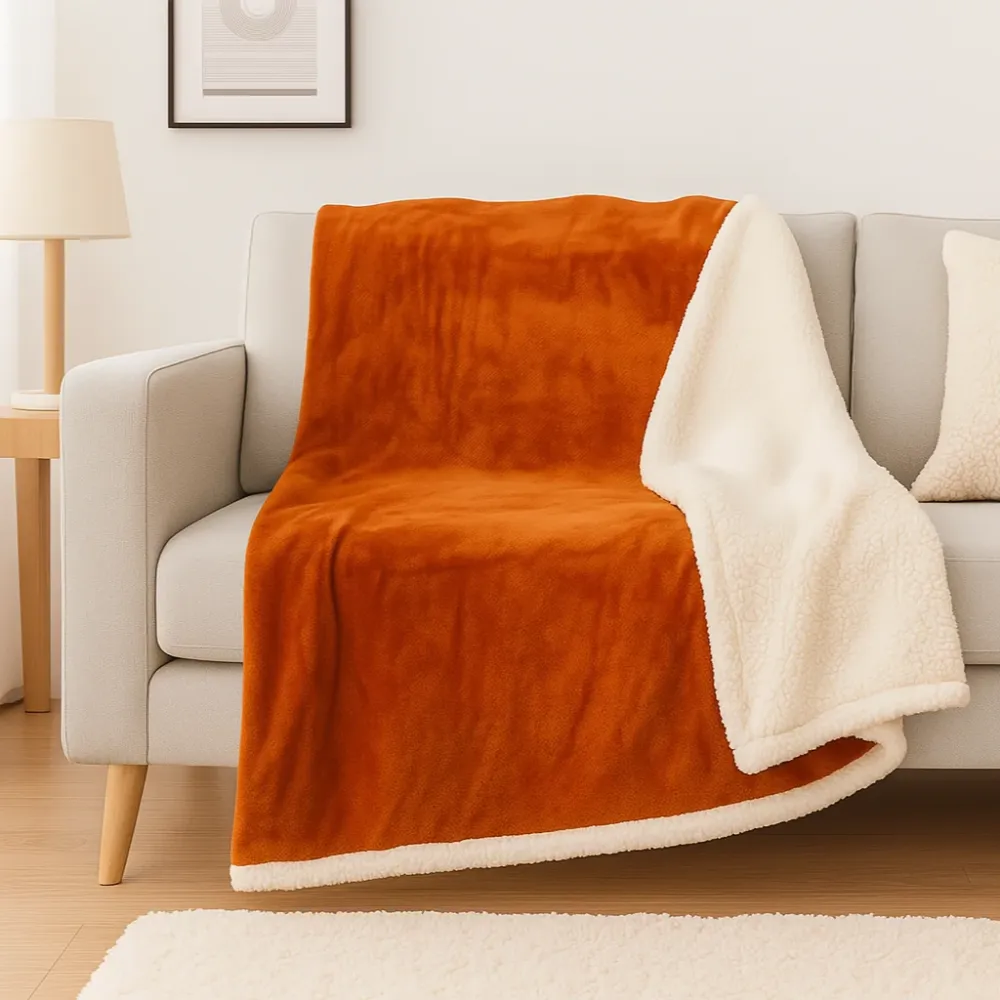 XXL-Sherpa-Flanelldecke 200x240 Terrakotta - Dicke Tagesdecke 480g/m² (Paargröße)
