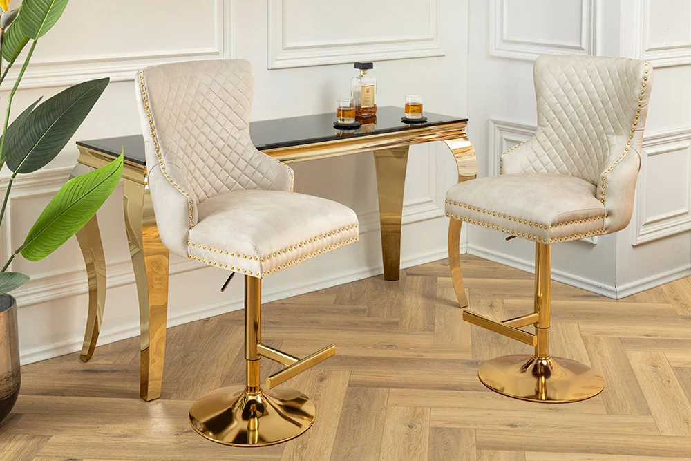 Edler höhenverstellbarer Barstuhl LEON Samt beige Edelstahl Löwenkopf