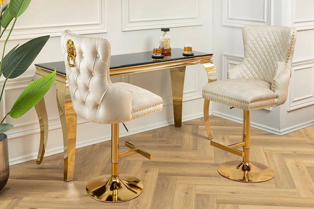 Edler höhenverstellbarer Barstuhl LEON Samt beige Edelstahl Löwenkopf