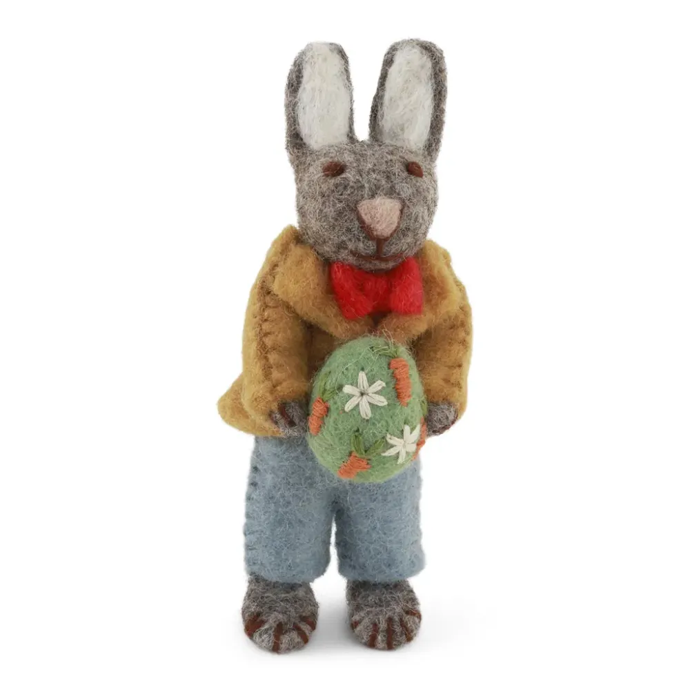 Anhänger - Kleines graues Kaninchen mit Jacke und Ei