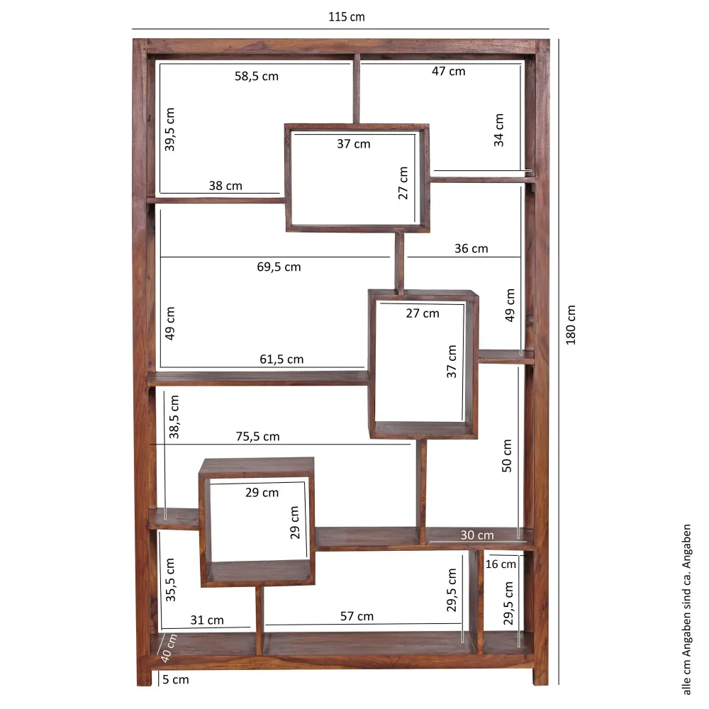 Bücherregal – Naturholz, 115x180 cm, Landhausstil, mit Ablagefächern