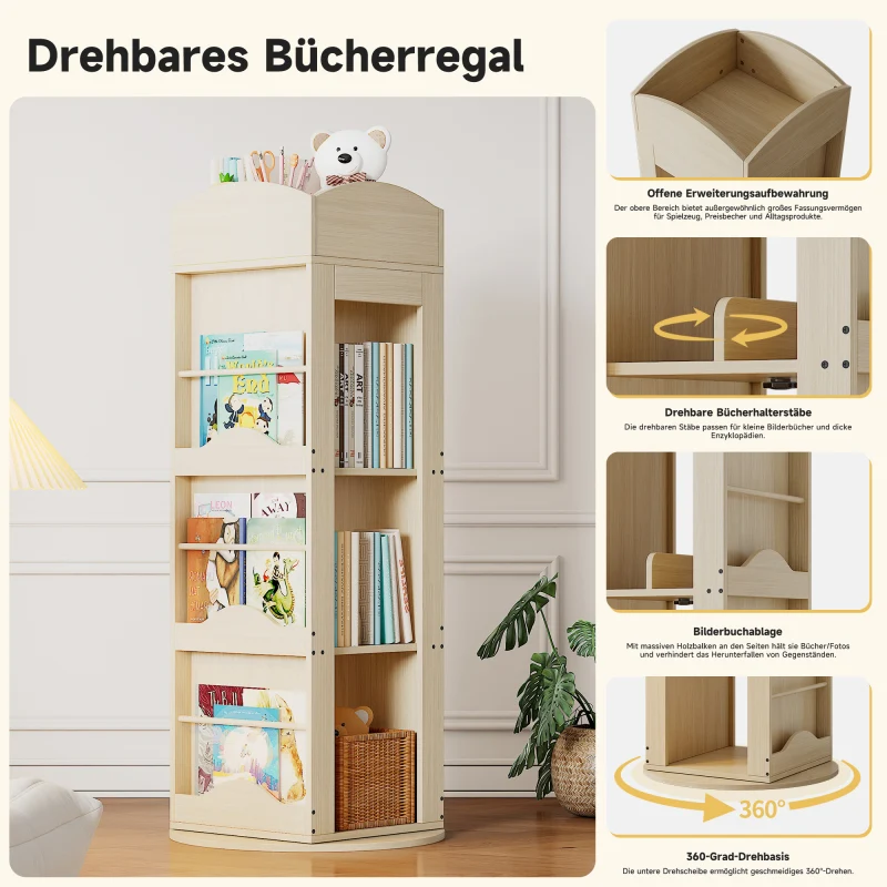 Drehbares Bücherregal, Standregal, Bilderbuchregal mit 360-Grad-Drehfunktion, Lagerregal für Kinder und Erwachsene, multif...