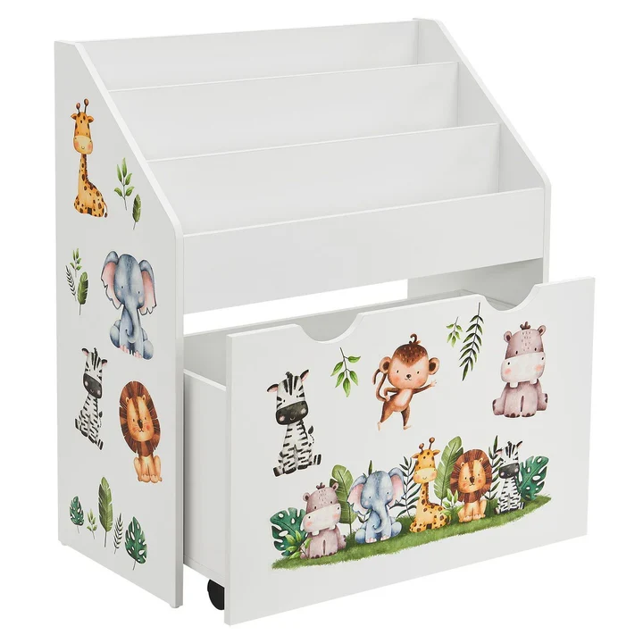 Kinder Bücherregal Weiss aus Holz 3 Fächer + 1 Kiste