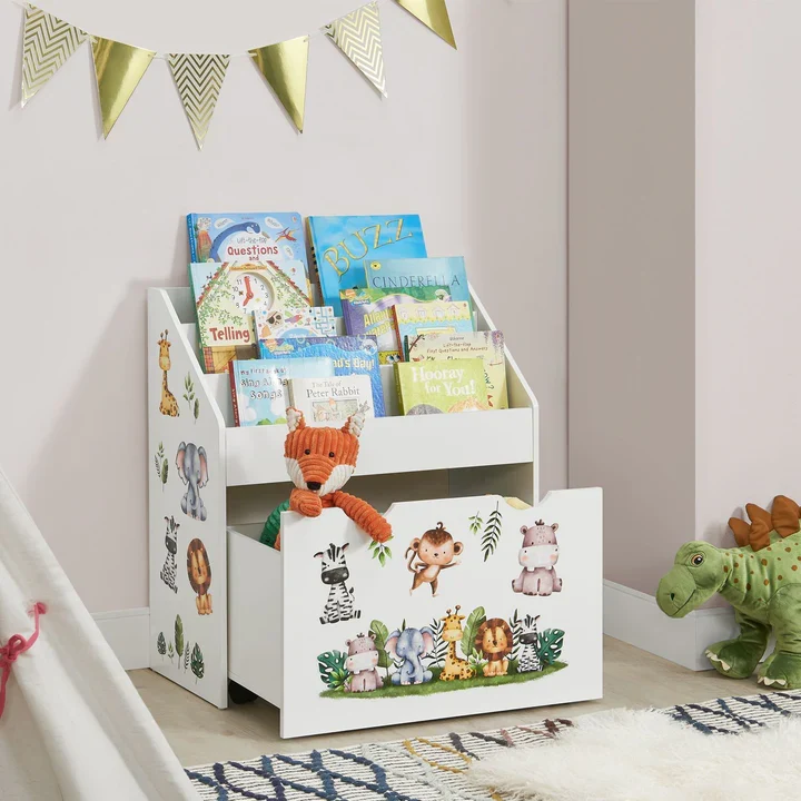 Kinder Bücherregal Weiss aus Holz 3 Fächer + 1 Kiste