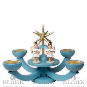 Adventsleuchter mit Teelichthalter und vier stehenden Engeln, blau