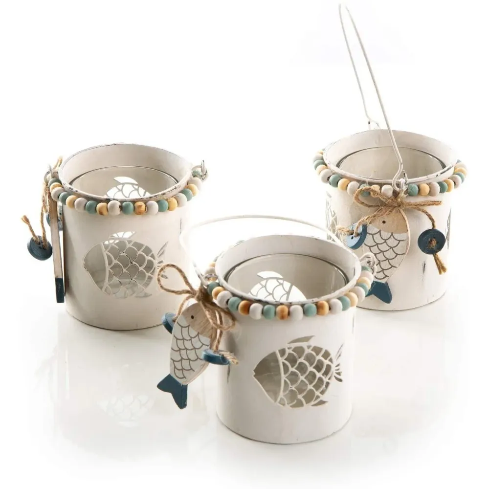 3 Maritime Teelichthalter aus Metall + Glas mit Holzfisch - kleine Windlichter mit Henkel als Deko