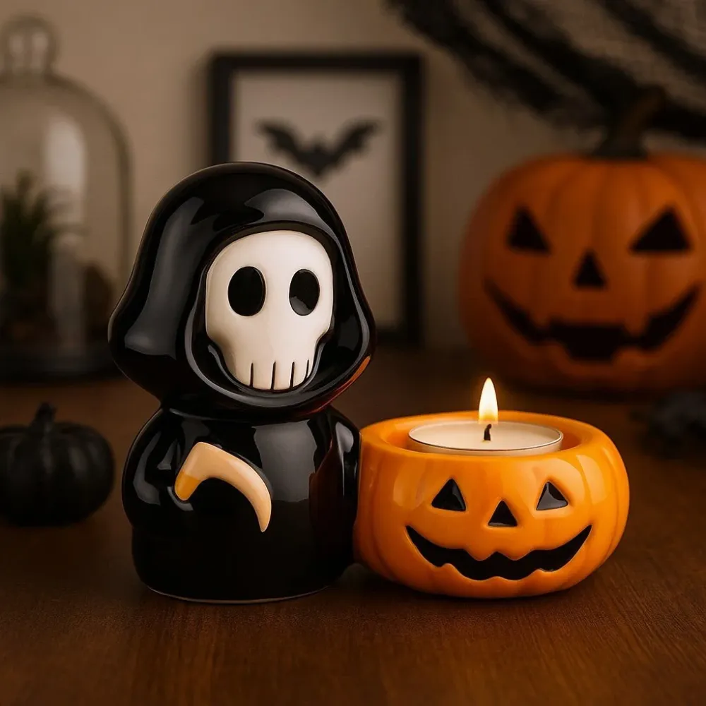 Teelichthalter Halloween Keramik Totenkopf Sensenmann