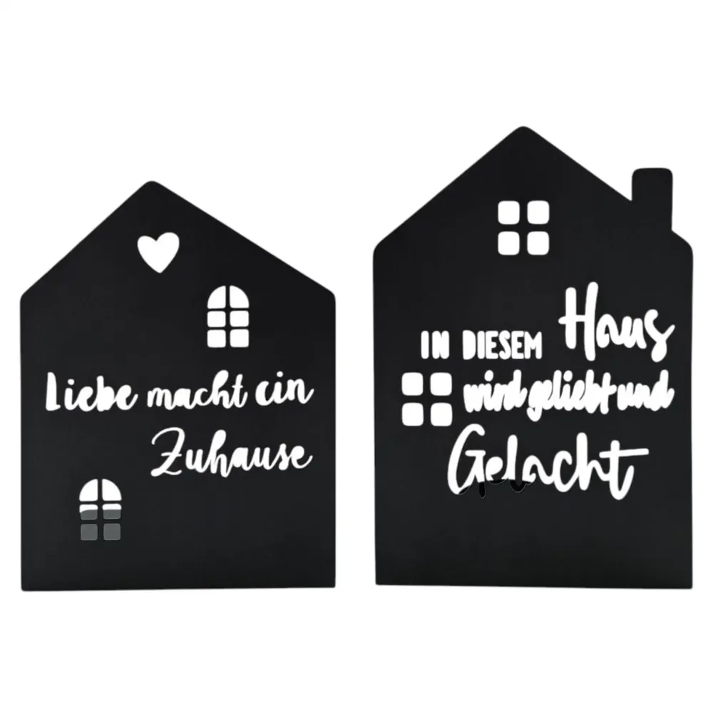 Teelichthalter Haus schwarz 2er Set Kerzenhalter Metall Zuhause Sprüche