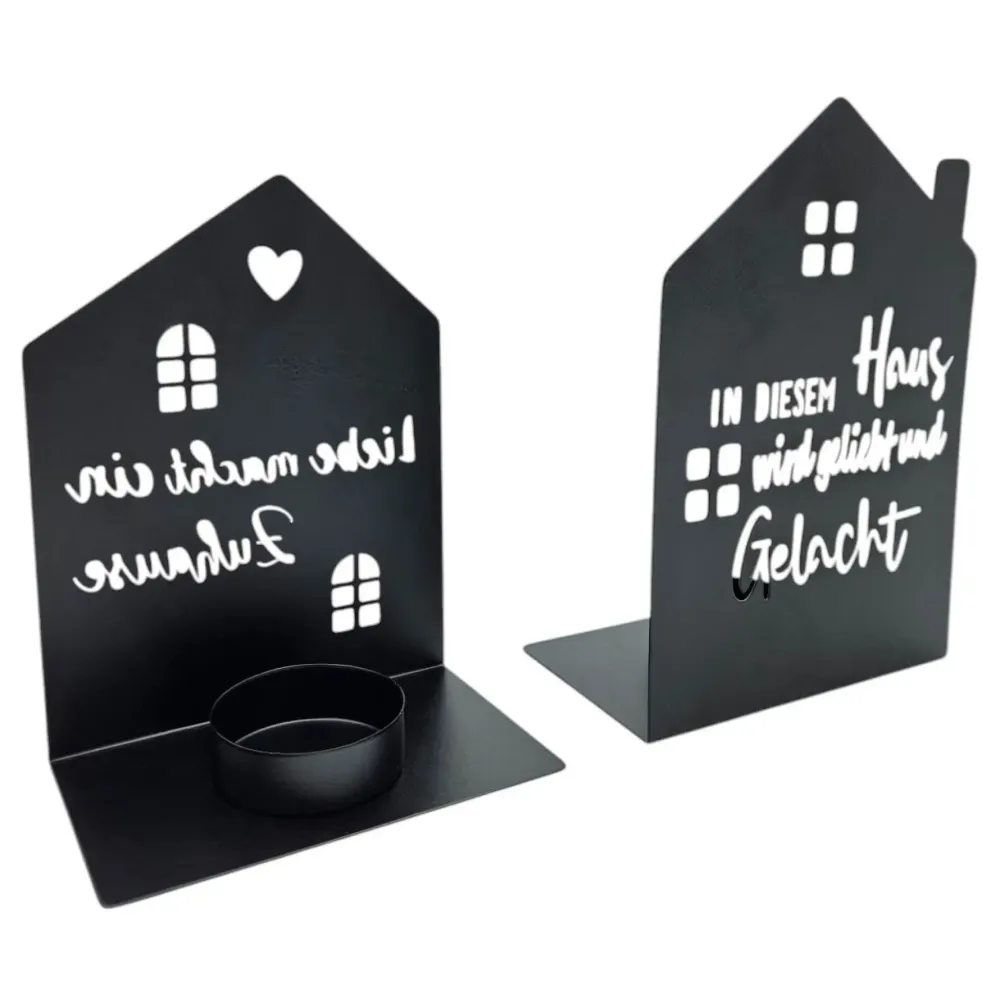 Teelichthalter Haus schwarz 2er Set Kerzenhalter Metall Zuhause Sprüche