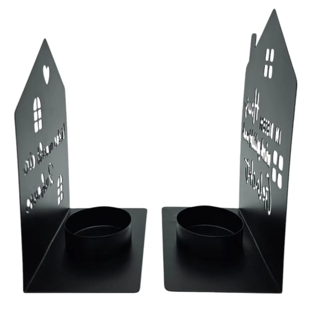 Teelichthalter Haus schwarz 2er Set Kerzenhalter Metall Zuhause Sprüche