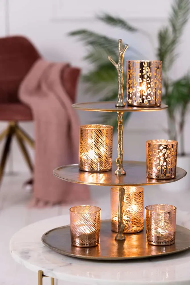 Teelichthalter PENZA Safari Glas Ziegelrot-gold 3er-Set