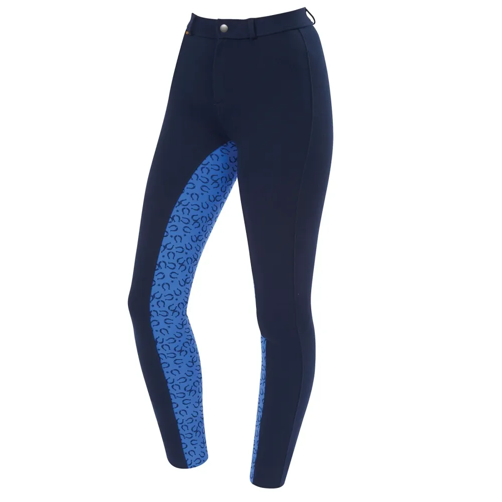 Sacon Warm Up Baumwoll Euro Besatz Jodhpurs II, Junior Navy/Blue Horseshoe Print 134