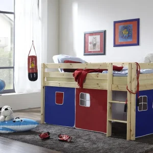Martin Hochbett Kinderbett Bett mit Leiter und Vorhang blau / rot Kiefer massiv - 9814-Martin-V-01