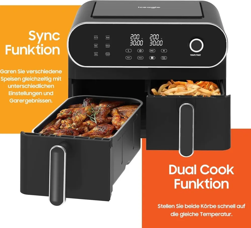 Iceagle Heißluftfritteuse 2 Kammern Airfryer 11 L - Heissluftfritteuse Doppelkam