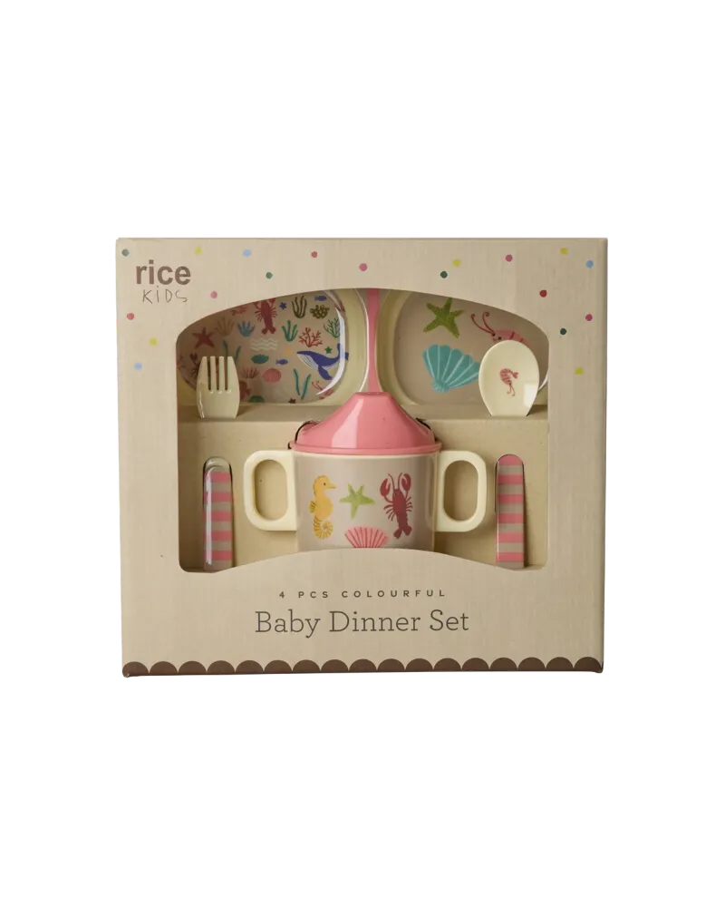 Baby-Geschirrset - Koralle - Ocean Print - Geschenkbox