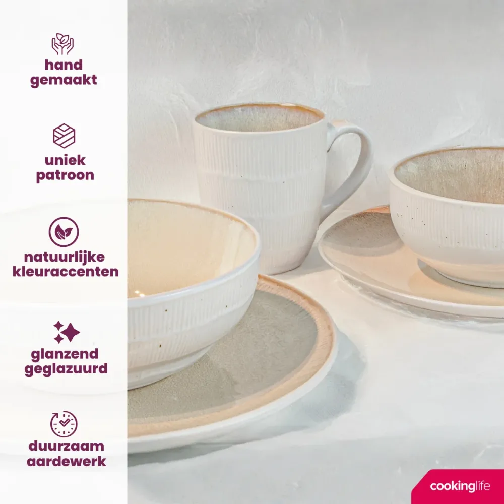 Cookinglife Geschirrset Nola Sand reaktive Glasur 18-teilig / 6 Personen - 6 Speiseteller, 6 Frühstücksteller und 6 Schalen