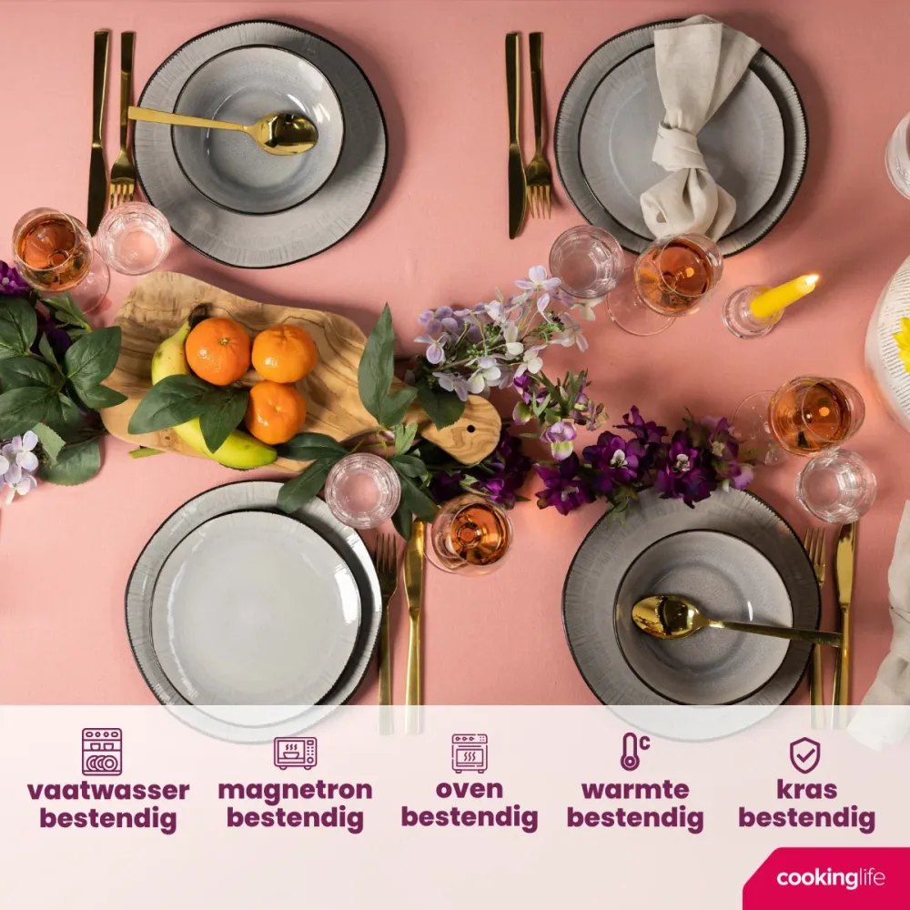 Cookinglife Geschirrset Nola Warm Grey - 18-teilig / 6 Personen - 6 Speiseteller, 6 Frühstücksteller und 6 Schalen