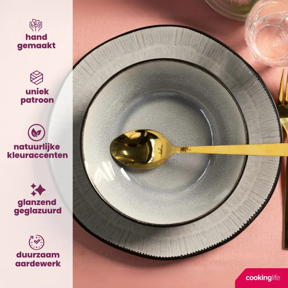 Cookinglife Geschirrset Nola Warm Grey - 18-teilig / 6 Personen - 6 Speiseteller, 6 Frühstücksteller und 6 Schalen