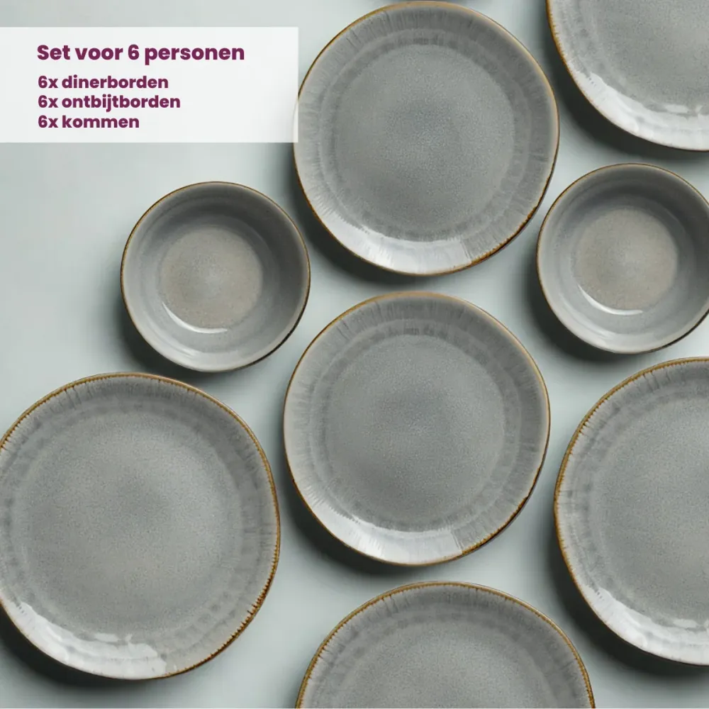 Cookinglife Geschirrset Nola Warm Grey - 18-teilig / 6 Personen - 6 Speiseteller, 6 Frühstücksteller und 6 Schalen