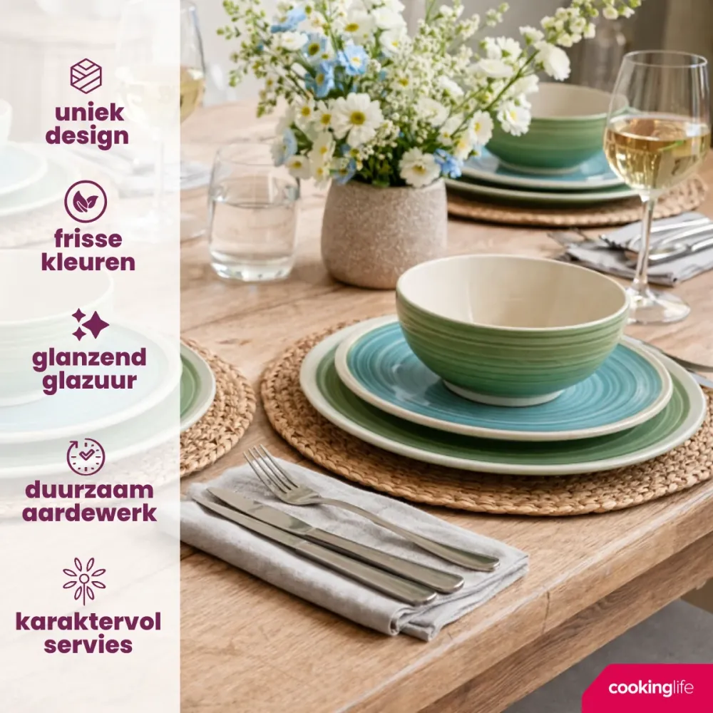 Cookinglife Geschirrset Ocean Grün 24-teilig / 8 Personen - 8 Speiseteller, 8 Frühstücksteller und 8 Schalen