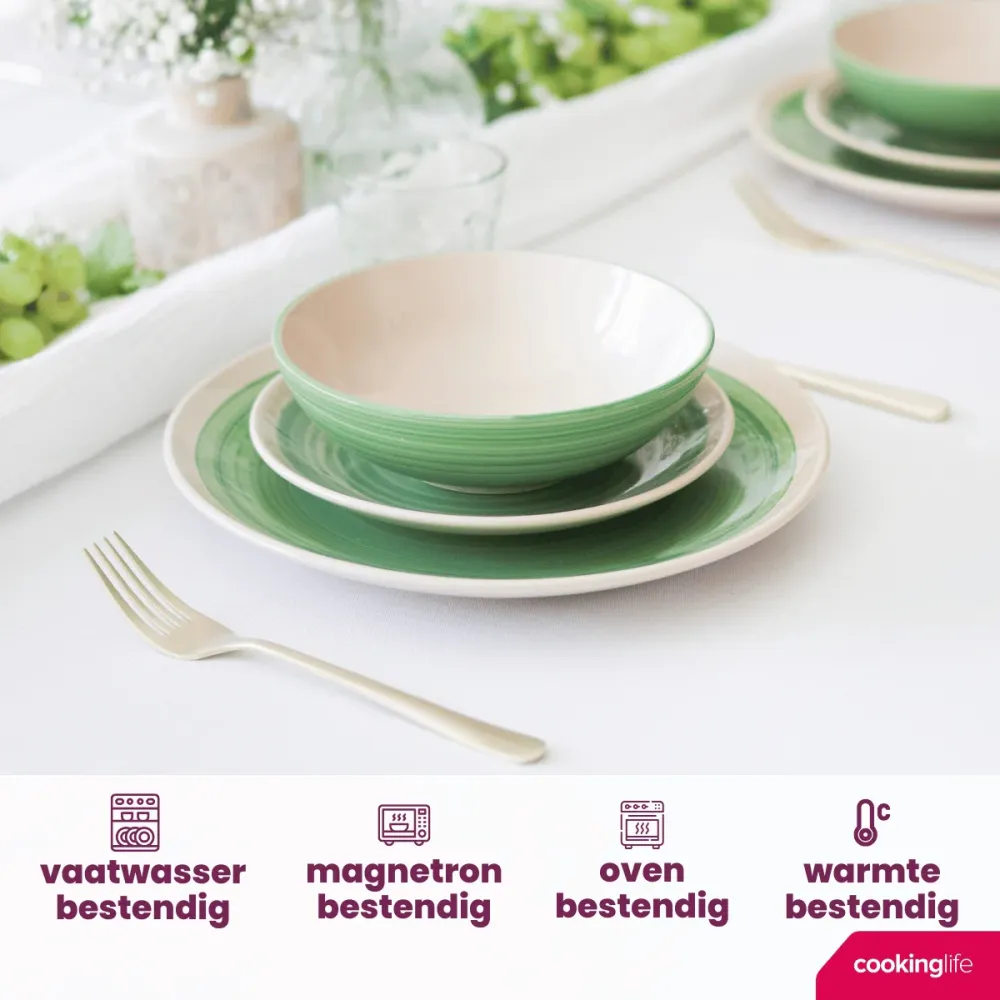 Cookinglife Geschirrset Ocean Grün 24-teilig / 8 Personen - 8 Speiseteller, 8 Frühstücksteller und 8 Schalen