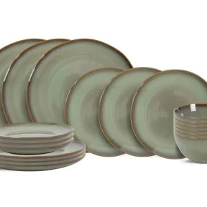 Cookinglife Geschirrset Sabi Grün 18-teilig / 6 Personen - 6 Speiseteller, 6 Frühstücksteller und 6 Schalen