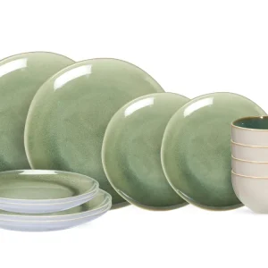 Cookinglife Serene Green 12-teiliges Geschirrset / 4 Personen - 4 Speiseteller, 4 Frühstücksteller und 4 Schüsseln