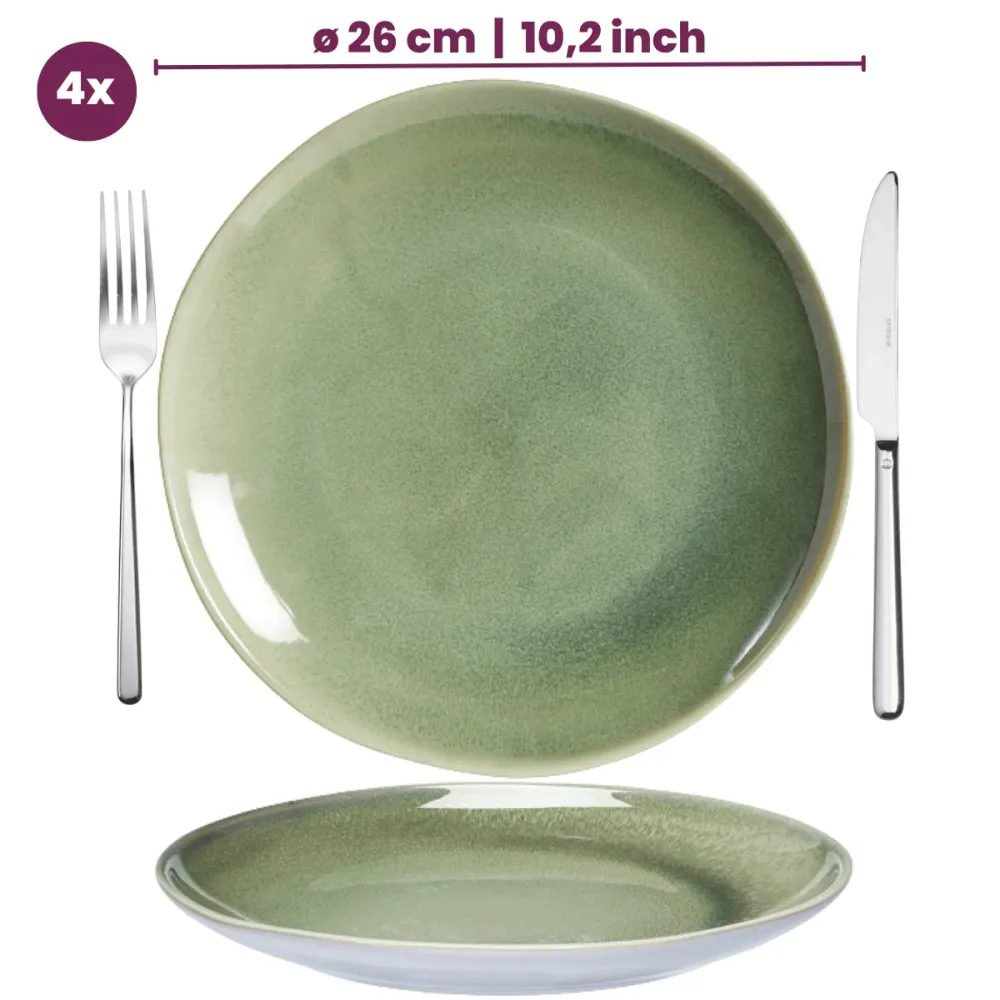 Cookinglife Serene Green 12-teiliges Geschirrset / 4 Personen - 4 Speiseteller, 4 Frühstücksteller und 4 Schüsseln