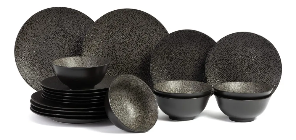 Cosy & Trendy Geschirrset Candy Schwarz - 18-teilig / 6 Personen - 6 Speiseteller, 6 Frühstücksteller und 6 Schalen