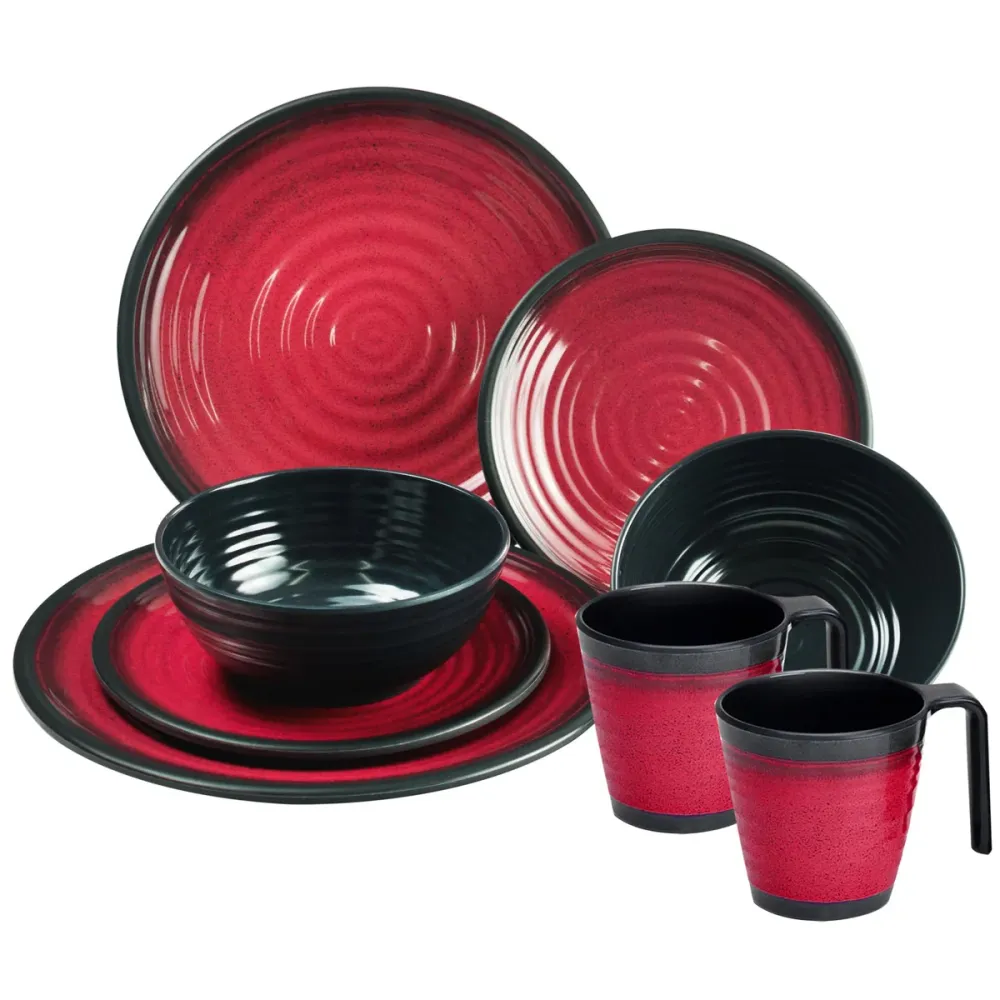 Melamin Camping Geschirr Set für 2 Personen - mit Tellern und Stapel-Tassen - 8 Teile - Blau-Schwarz Steingut Optik Campin...
