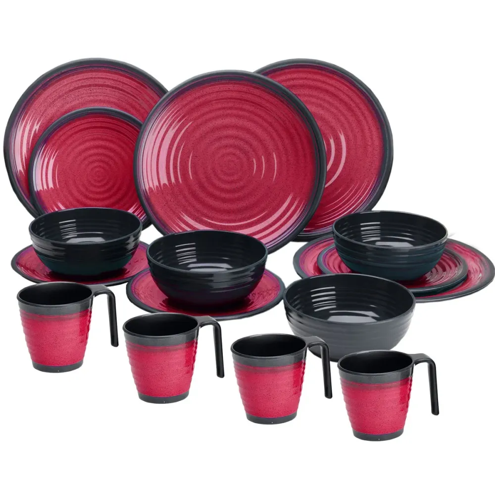 Melamin Geschirr Geschirrset 4 Personen Steingut Optik Campinggeschirr Tafelservice 16 teilig Rot Tafelgeschirr Camping Ou...