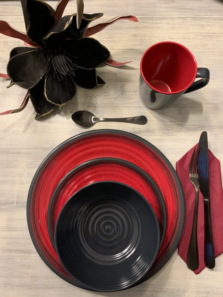 Melamin Geschirr Geschirrset 4 Personen Steingut Optik Campinggeschirr Tafelservice 16 teilig Rot Tafelgeschirr Camping Ou...